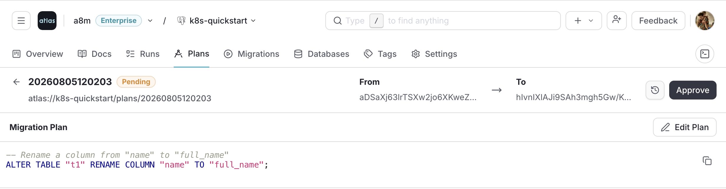 Screenshot of a pending schema plan in Atlas Cloud, showing the rename statement and the Approve button.