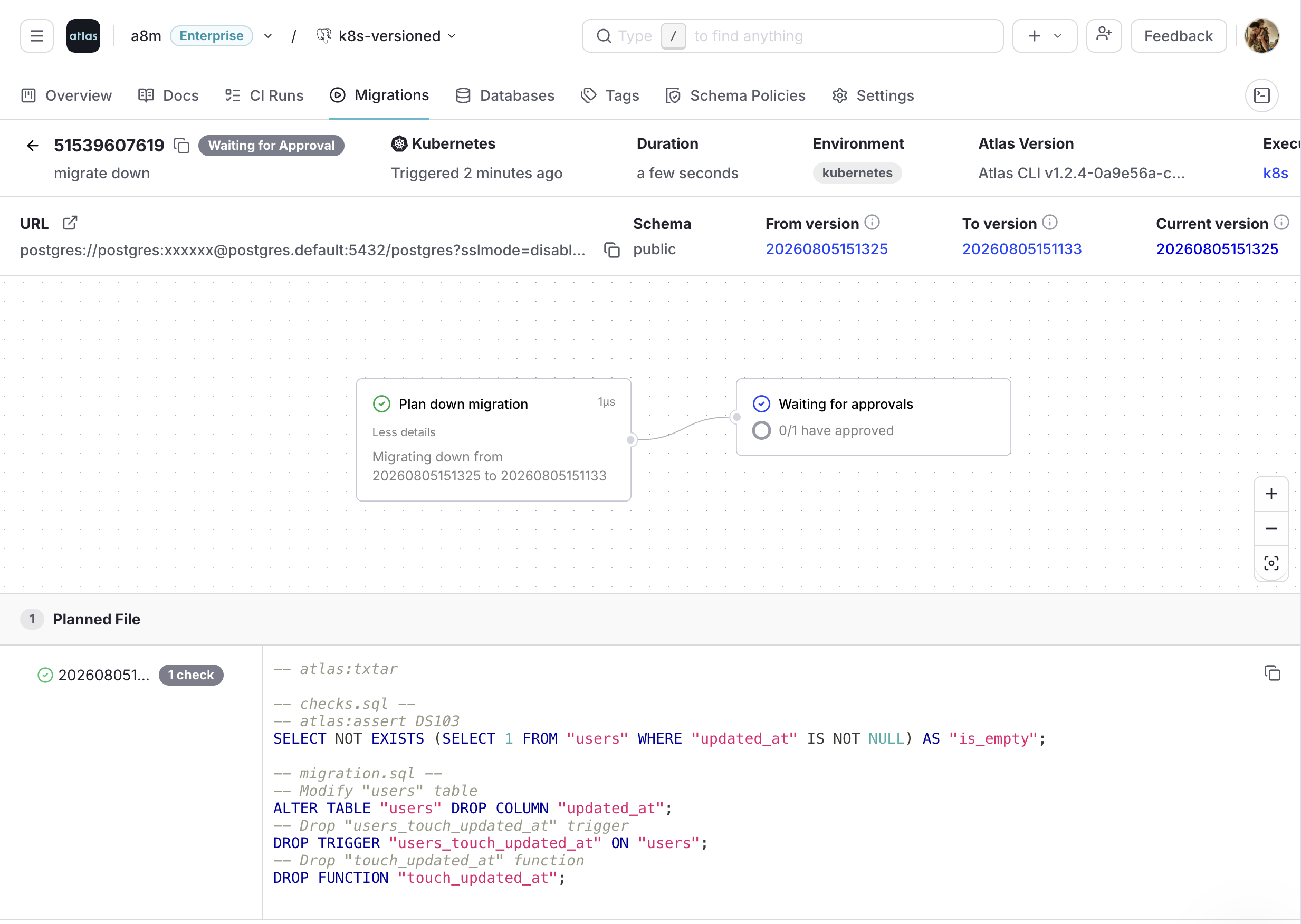 Screenshot of a down migration in Atlas Cloud waiting for approval, showing the planned statements and a pre-migration check.