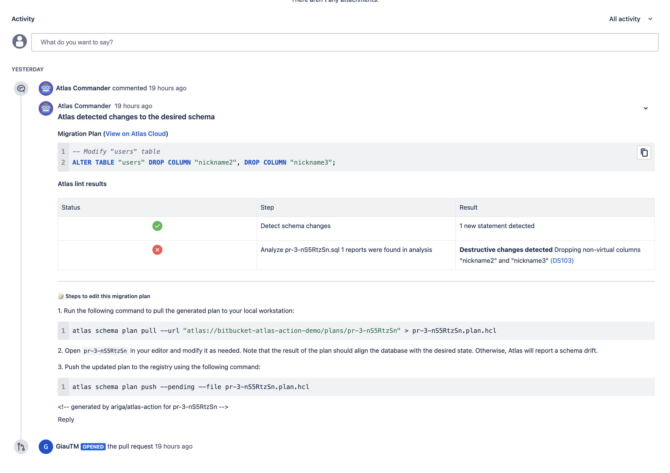 Bitbucket Pipelines pull request comment showing Atlas migration lint results
