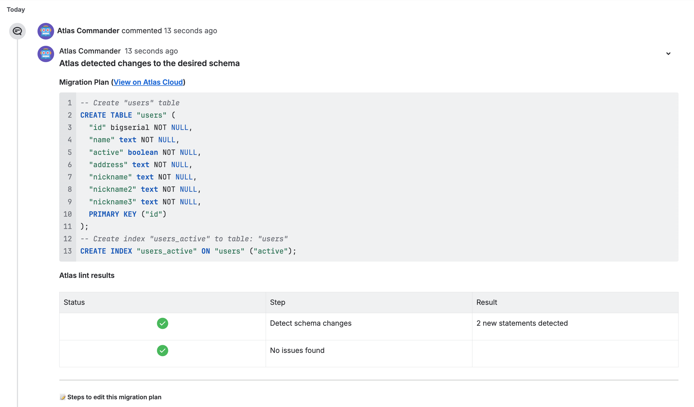 Bitbucket pull request comment showing Atlas schema plan results