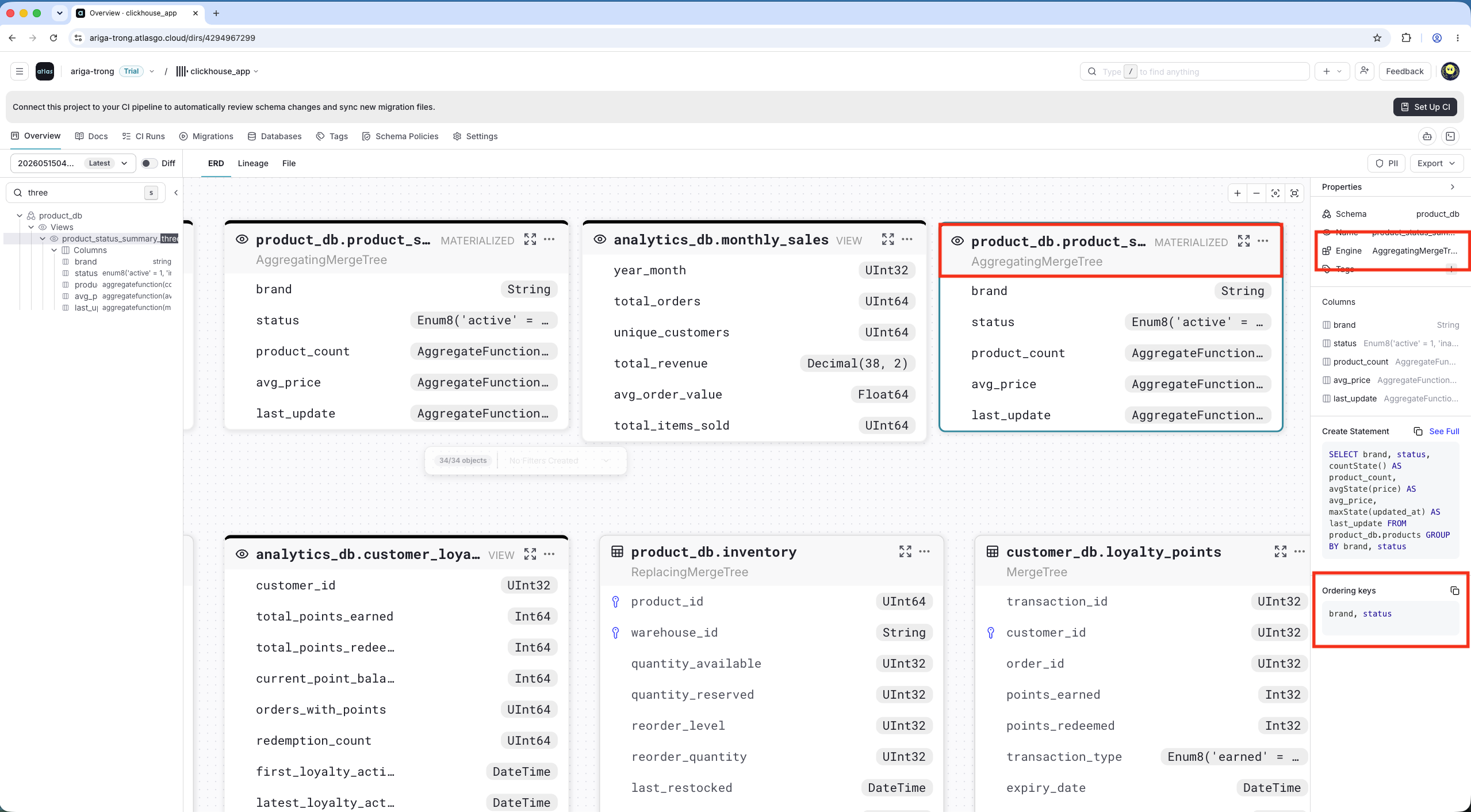 ERD materialized view showing ordering keys