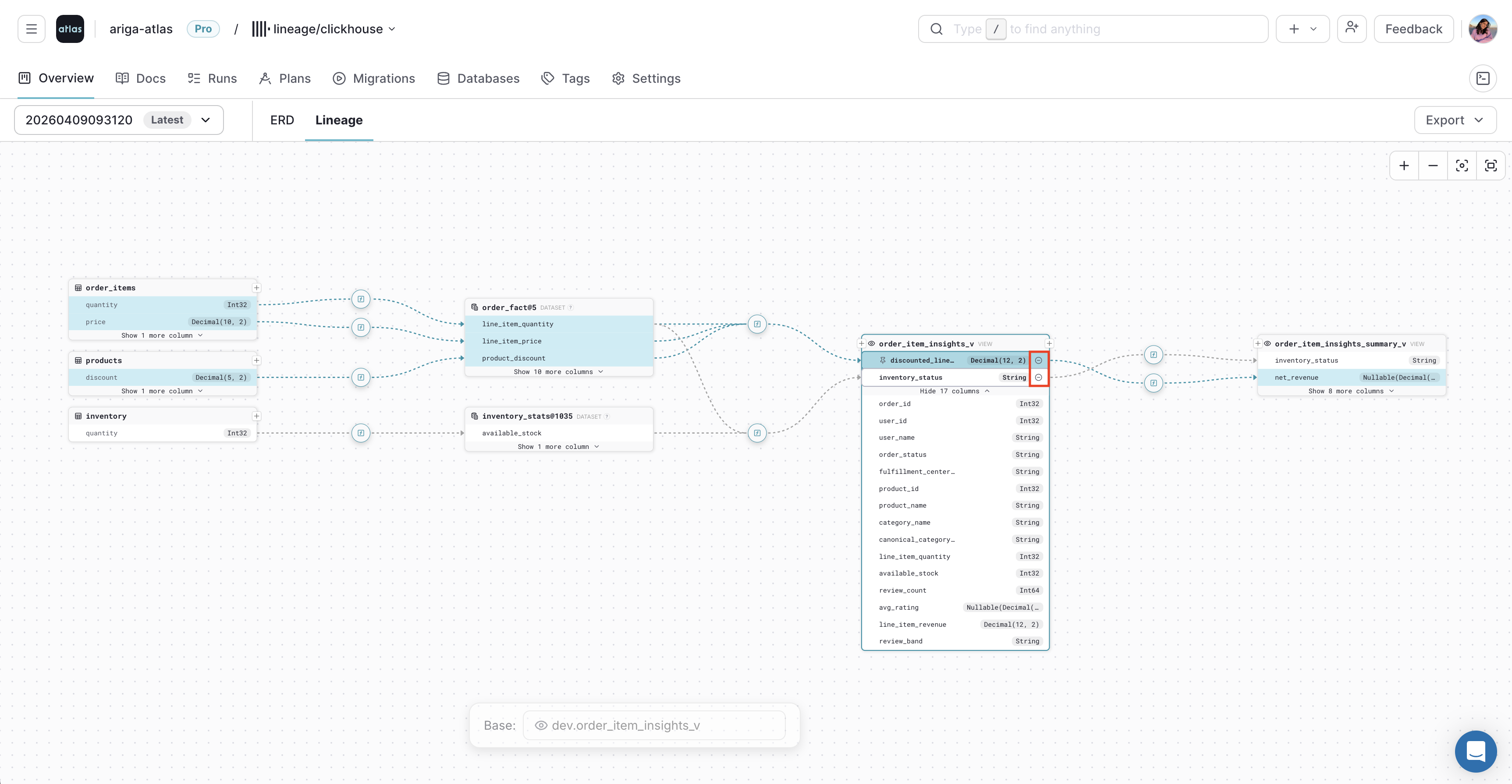 Deselecting a column in the Atlas Cloud lineage graph