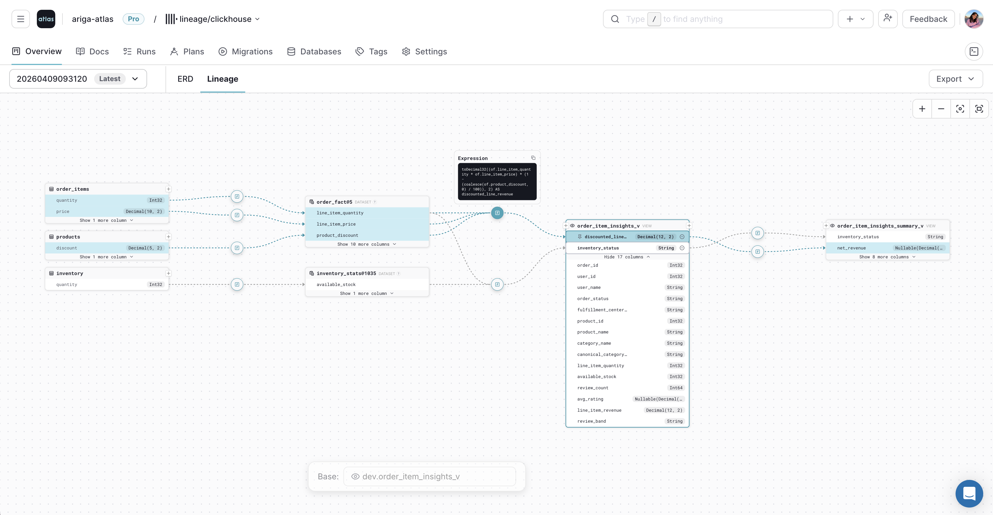 Atlas Cloud lineage graph showing column lineage with a pinned expression