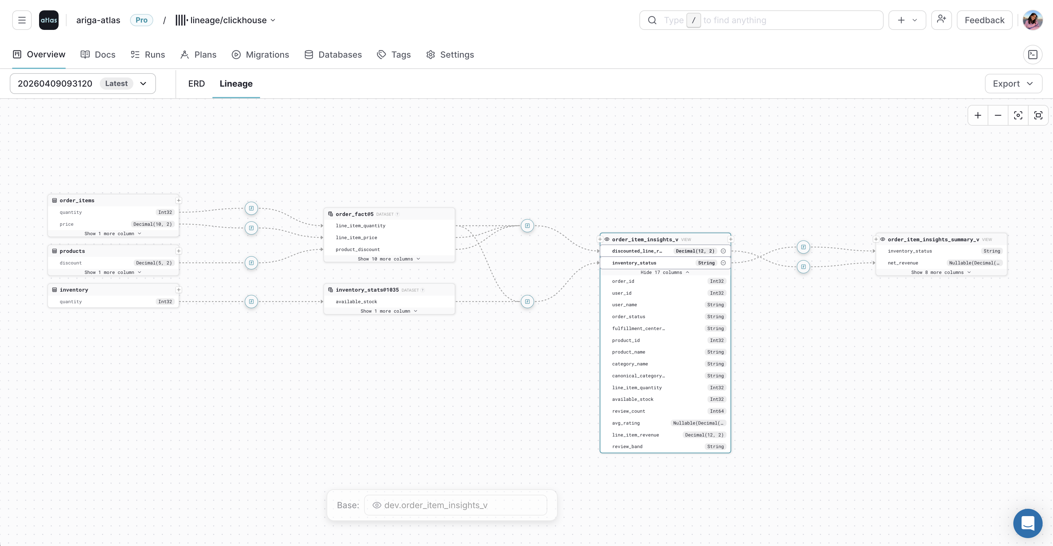 Selecting multiple columns in the Atlas Cloud lineage graph