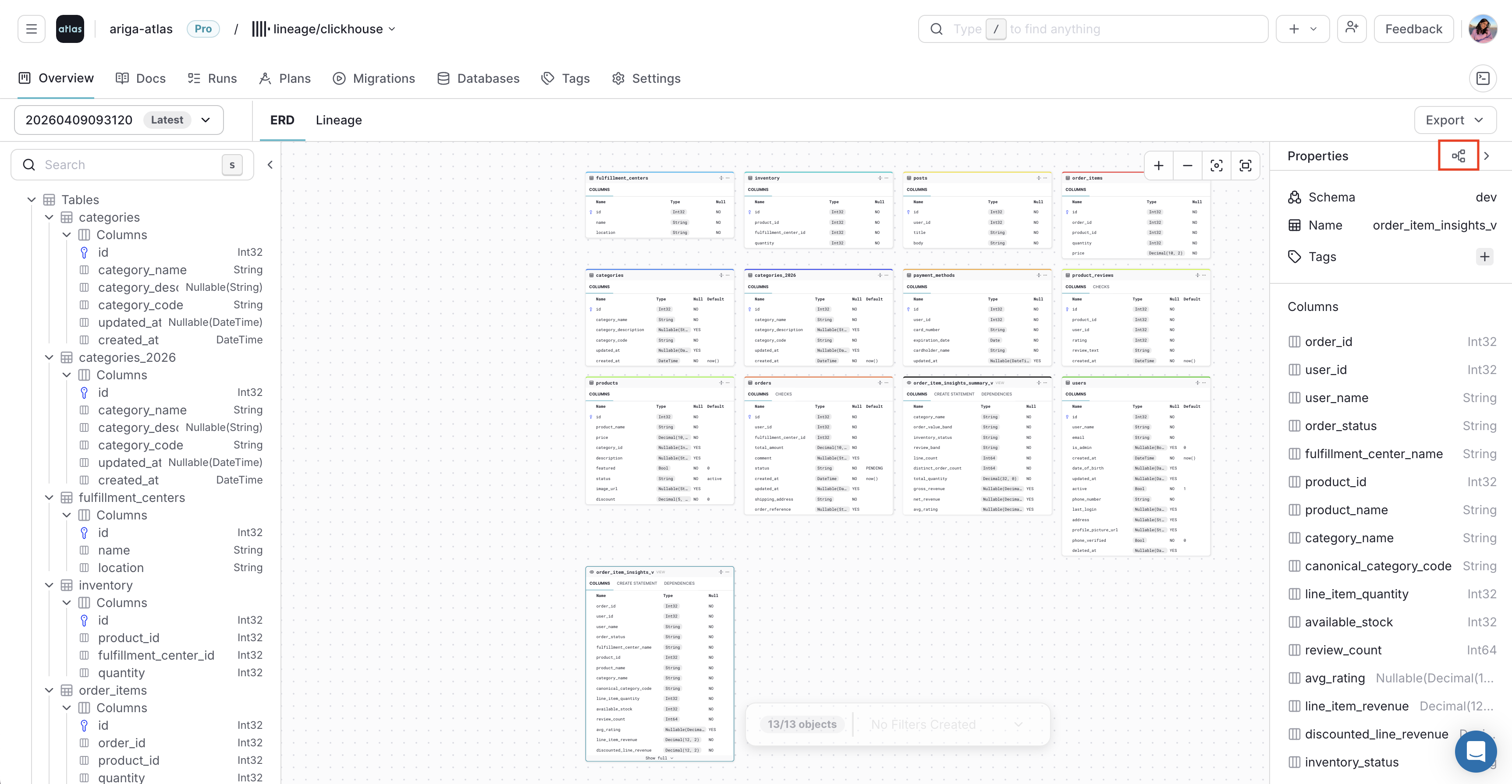 Opening the lineage graph from the ERD view in Atlas Cloud