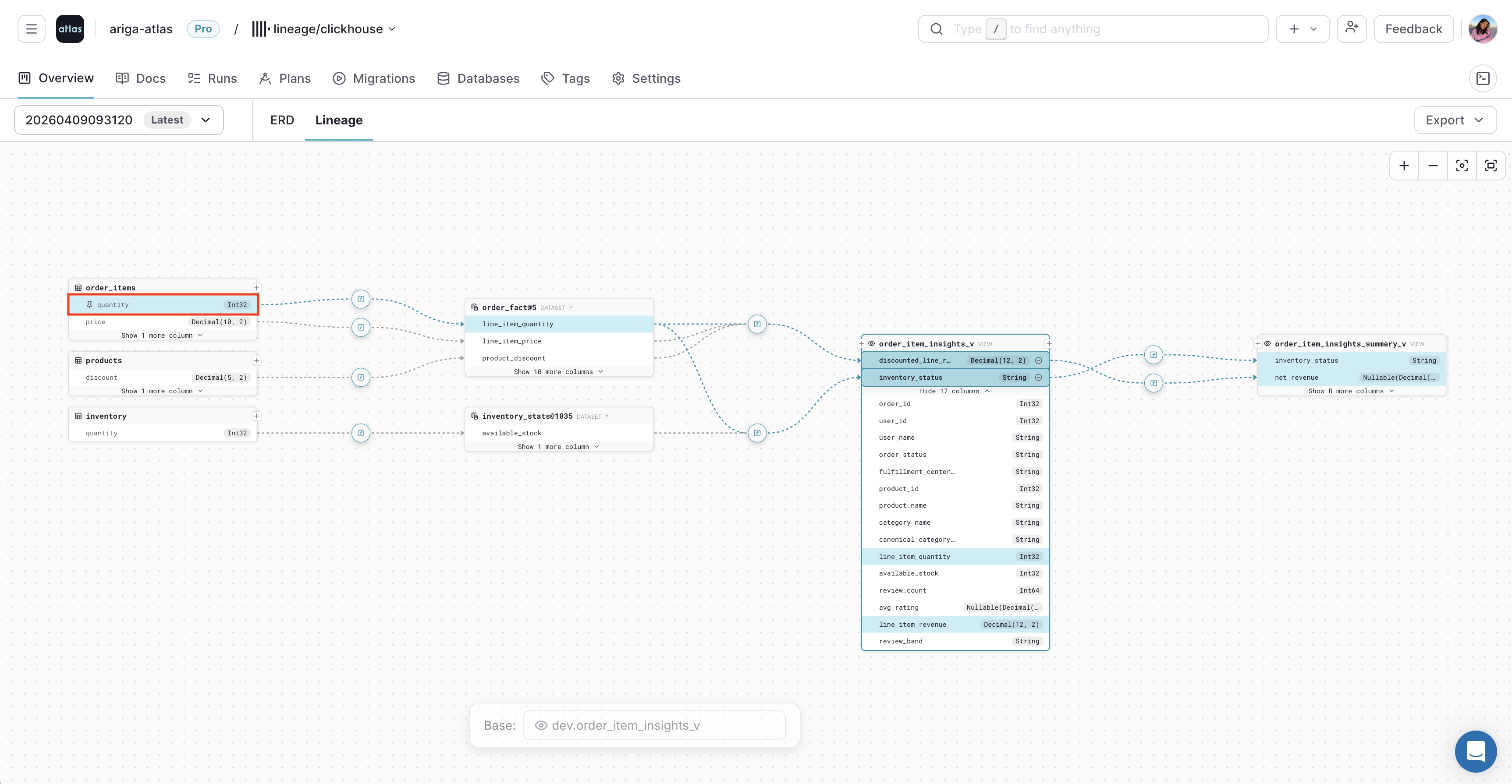 Pinning a related column from the selected lineage path in Atlas Cloud