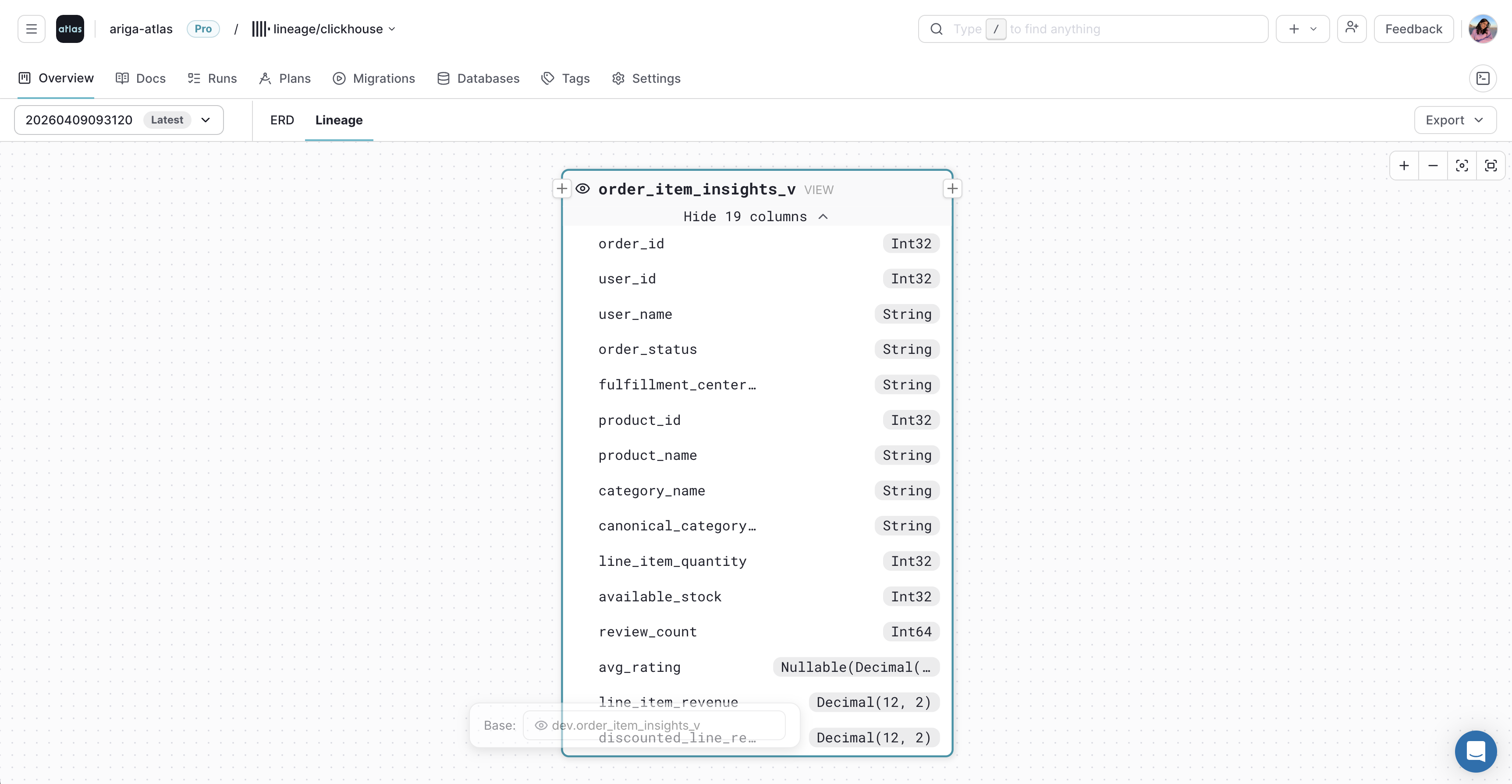 Selecting a table or view in the Atlas Cloud lineage graph