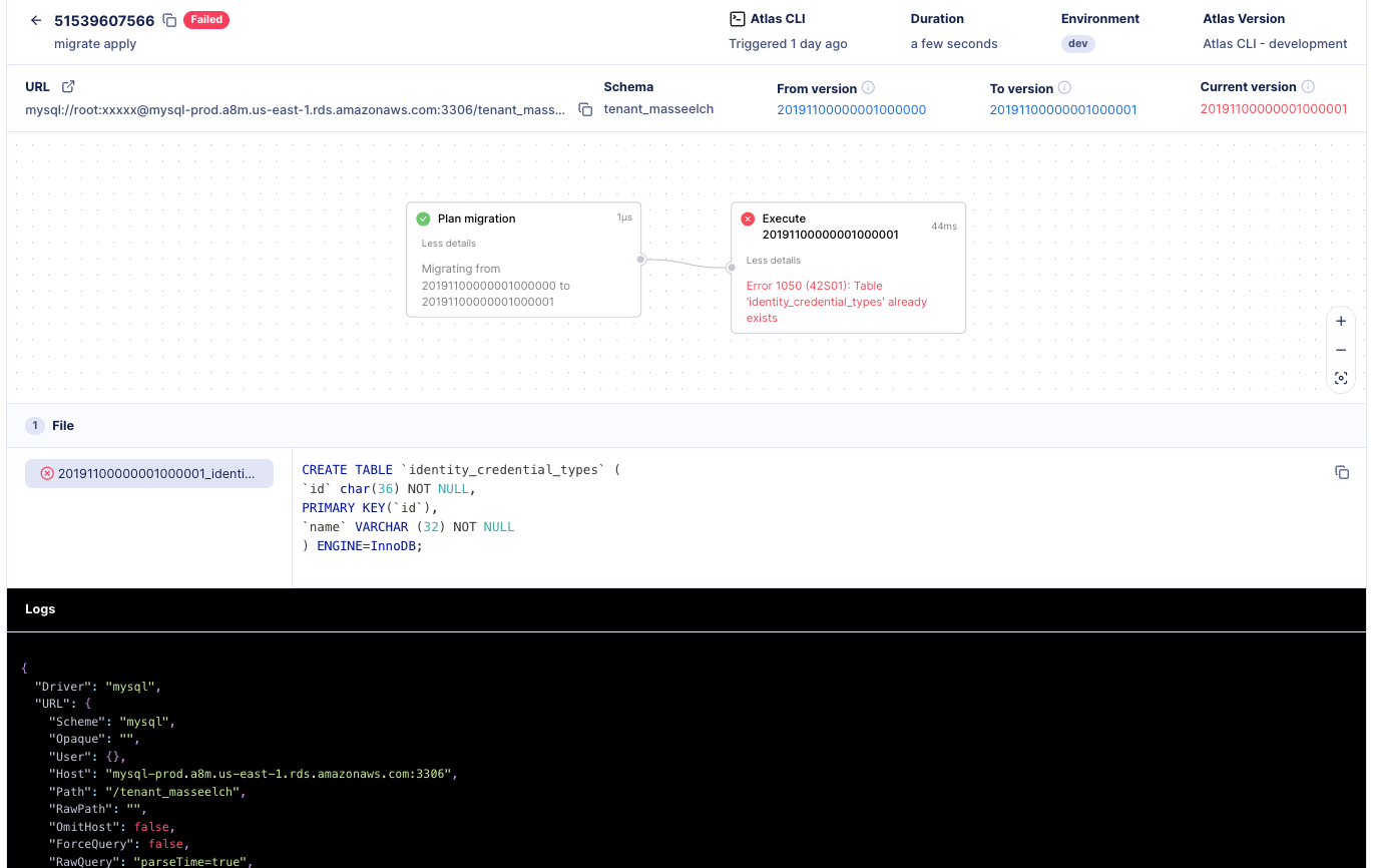 Screenshot of the detailed deployment report for a single failed tenant, showing the 'table already exists' error.