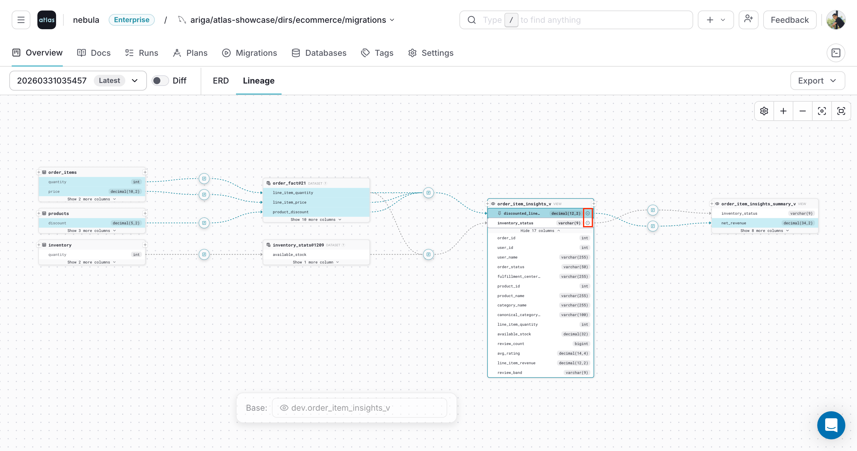 Deselecting a column in the Atlas Cloud lineage graph