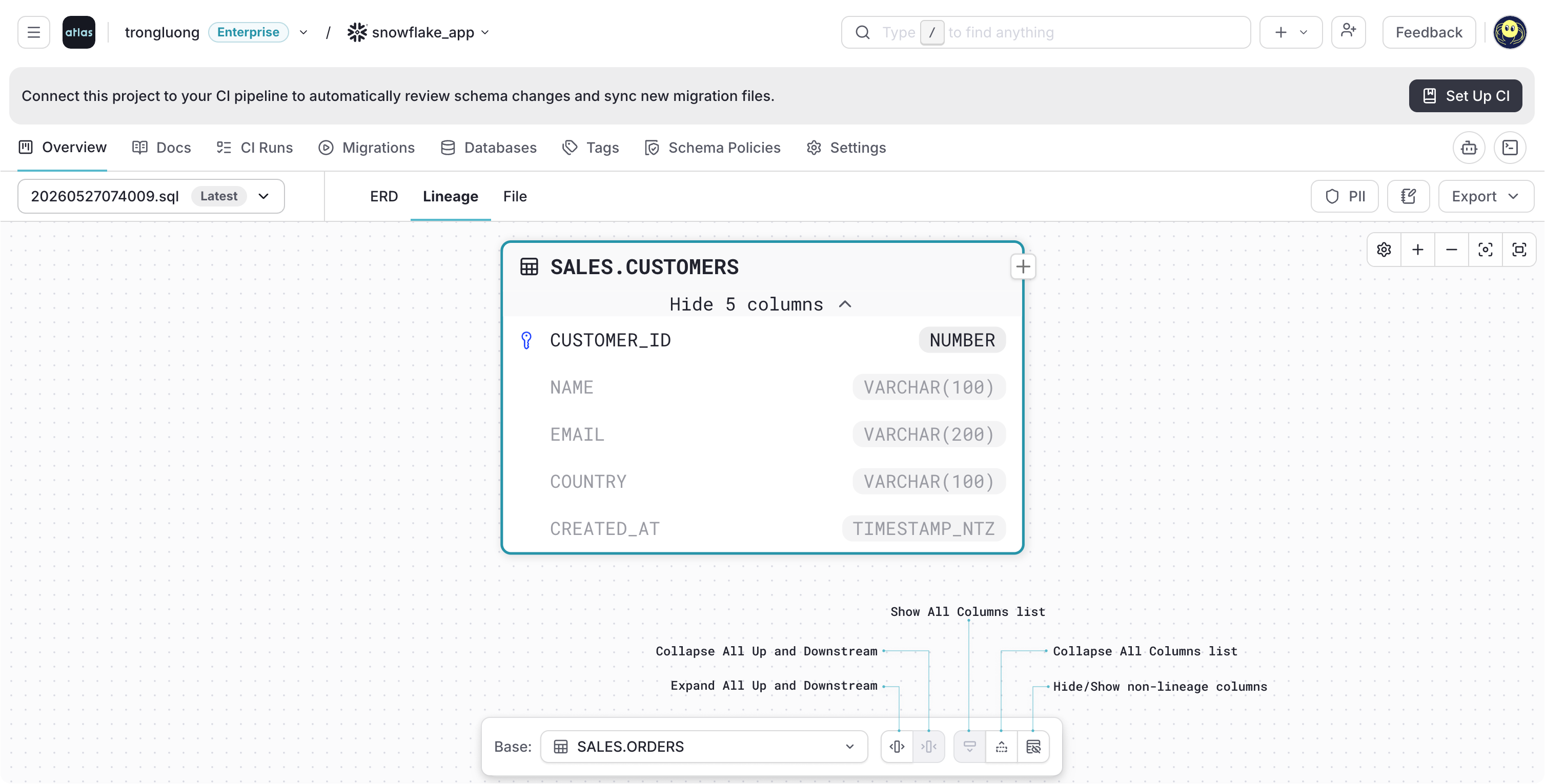 A lineage node showing both lineage and non-lineage columns with quick actions