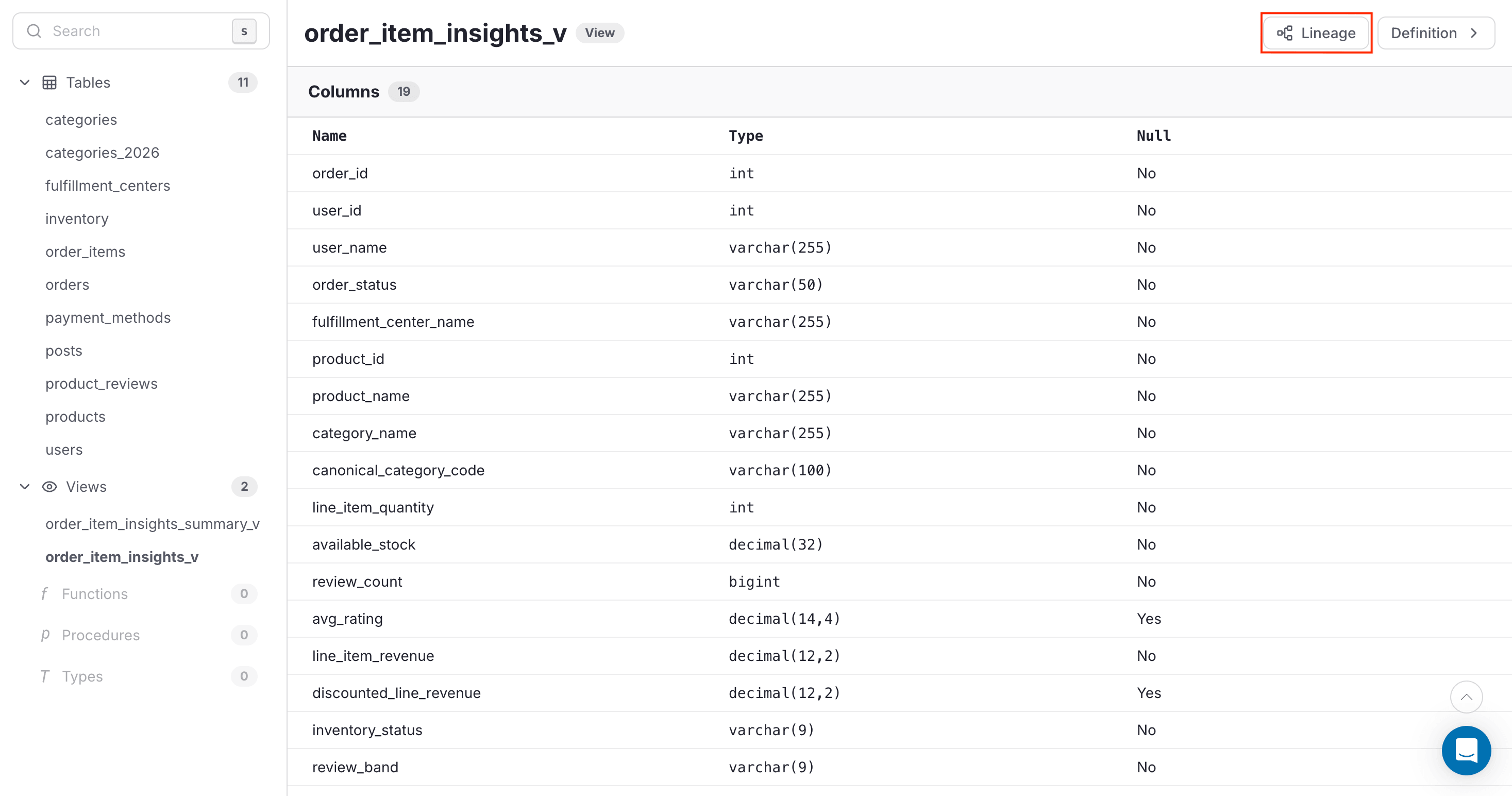 Opening the lineage graph from the Docs view in Atlas Cloud