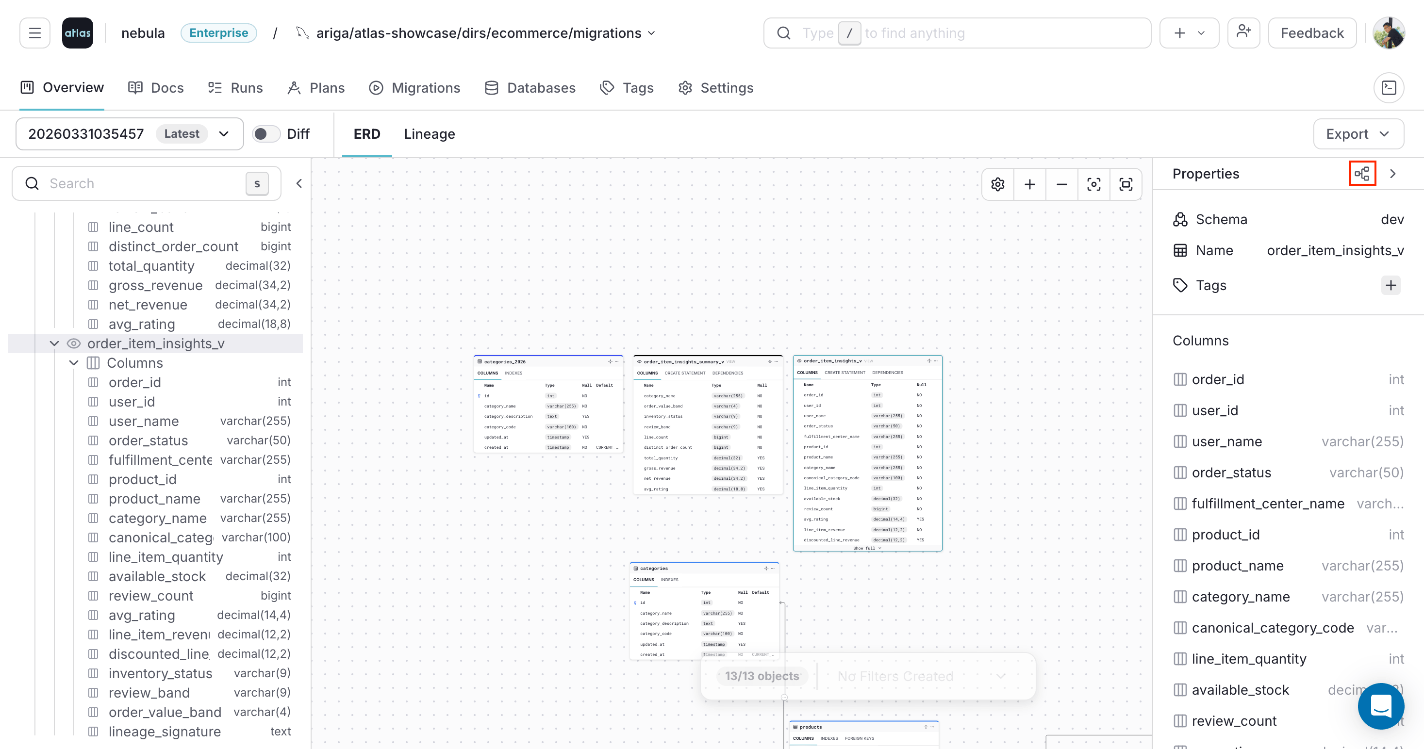 Opening the lineage graph from the ERD view in Atlas Cloud