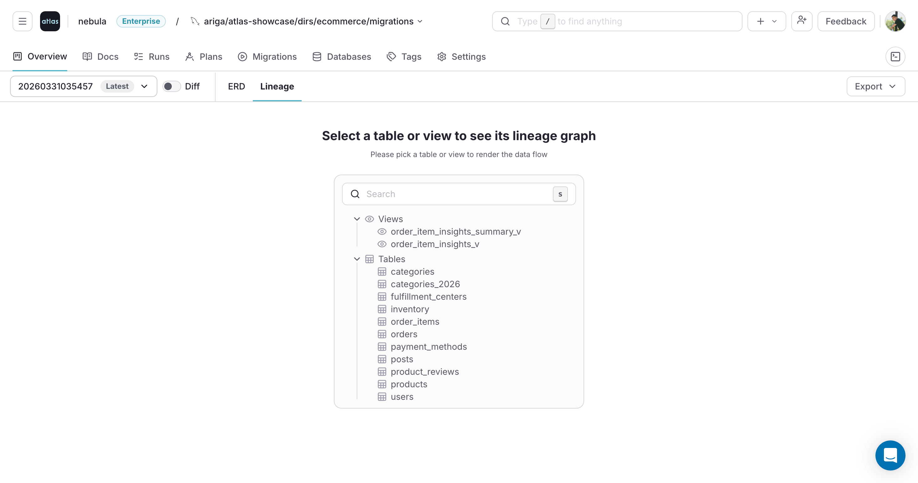 Atlas Cloud overview page with the Lineage tab selected
