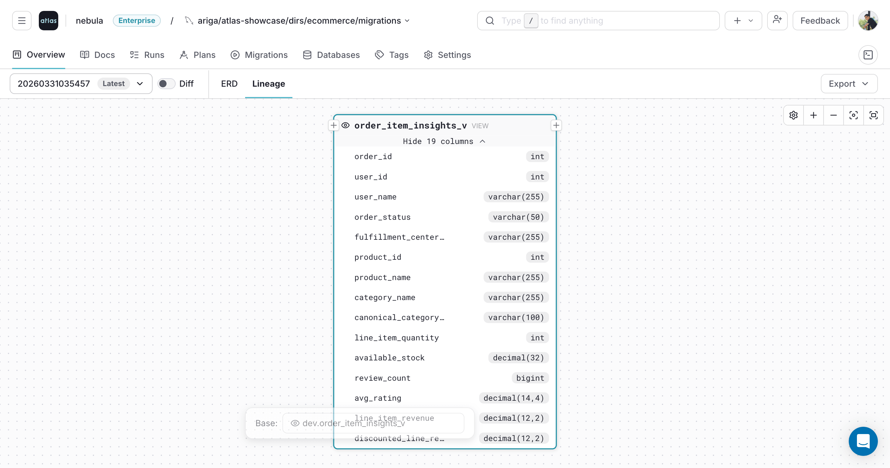 Selecting a table or view in the Atlas Cloud lineage graph