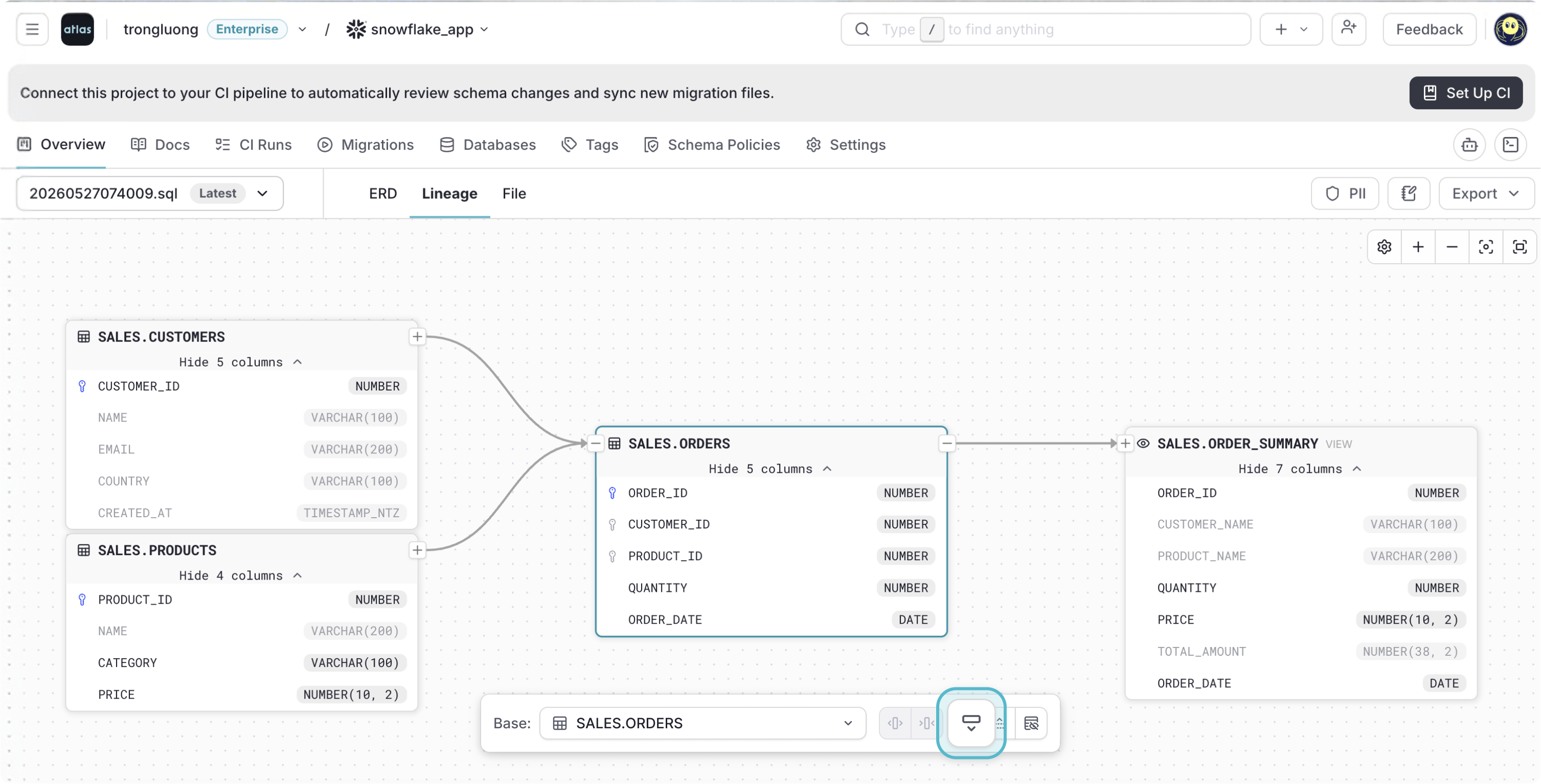 Showing all columns for a lineage node and its related nodes