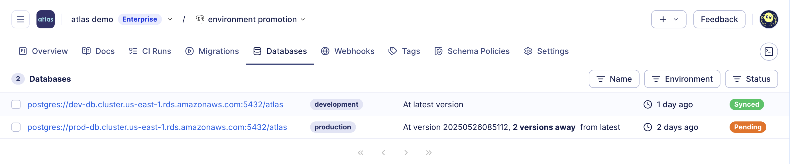 databases and their statuses in atlas registry