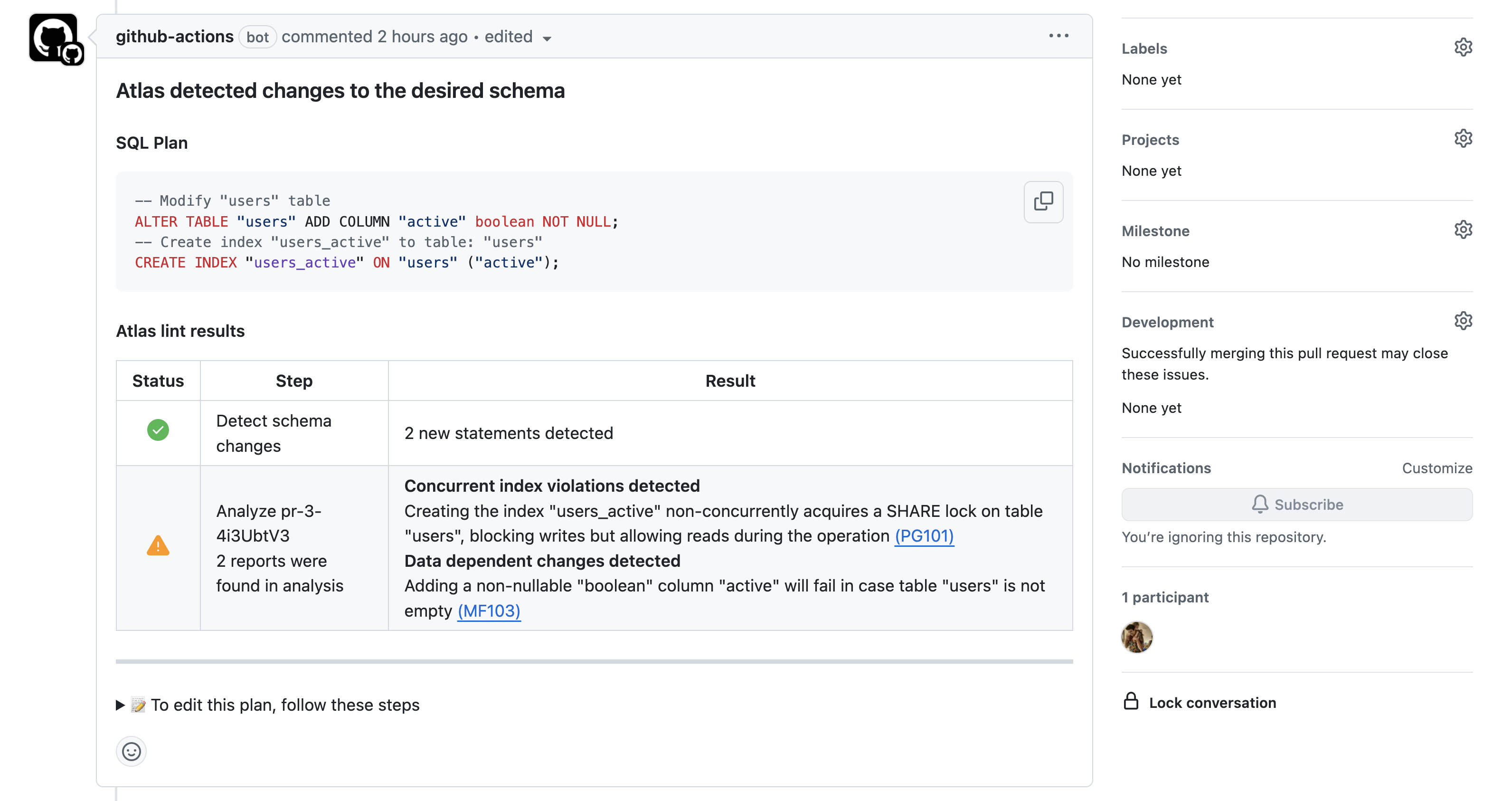 GitHub Action for schema plan command