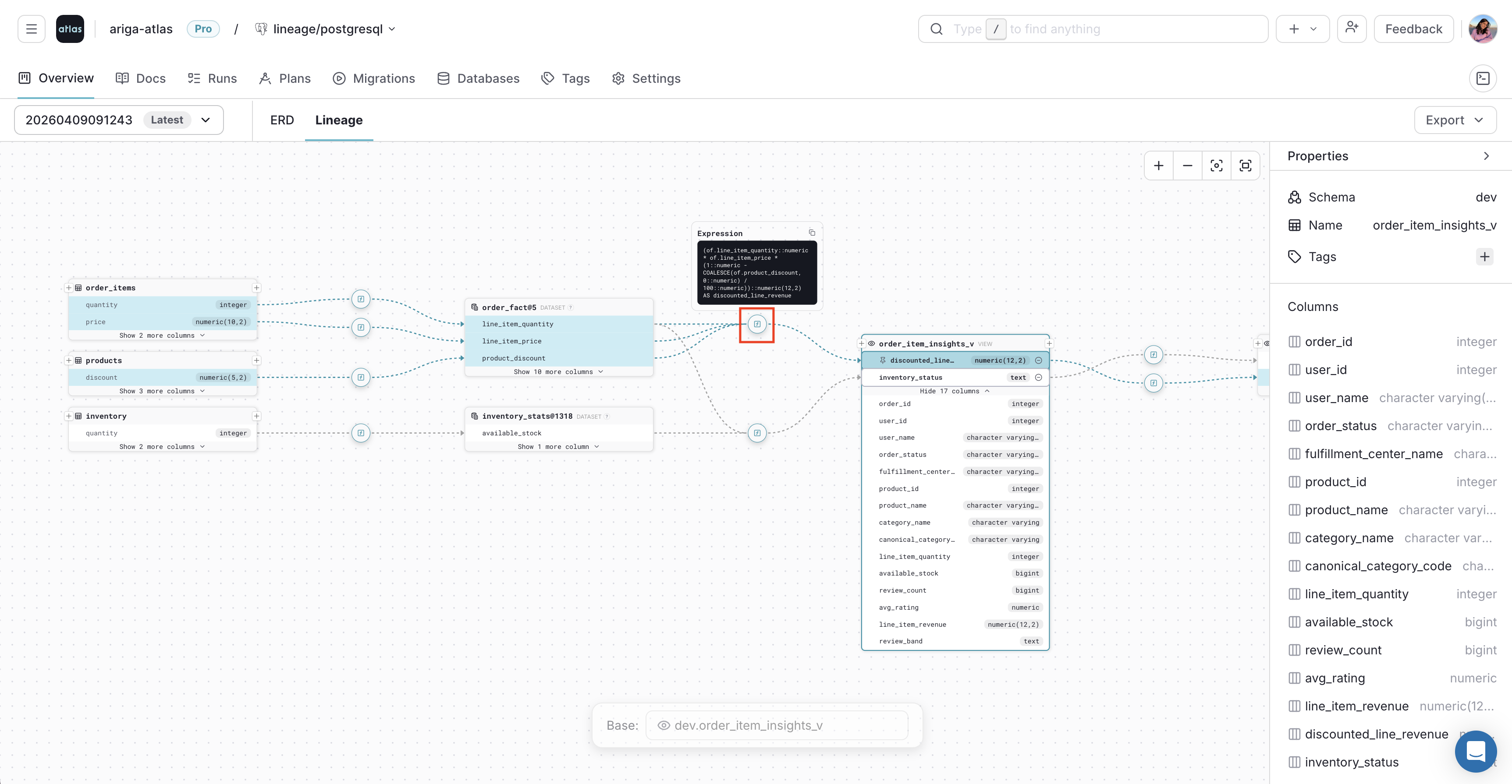 Previewing a transformation expression from the lineage path in Atlas Cloud