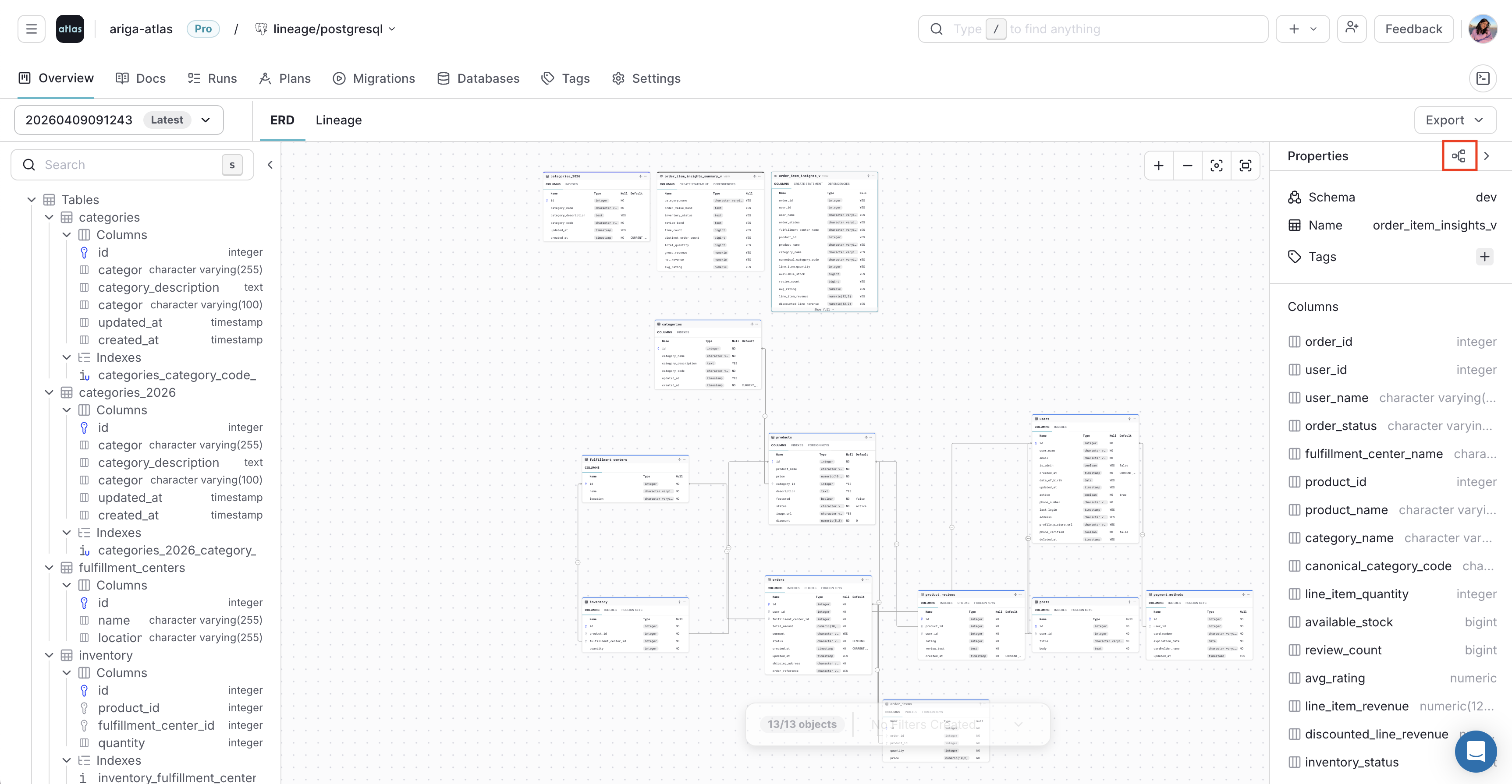 Opening the lineage graph from the ERD view in Atlas Cloud