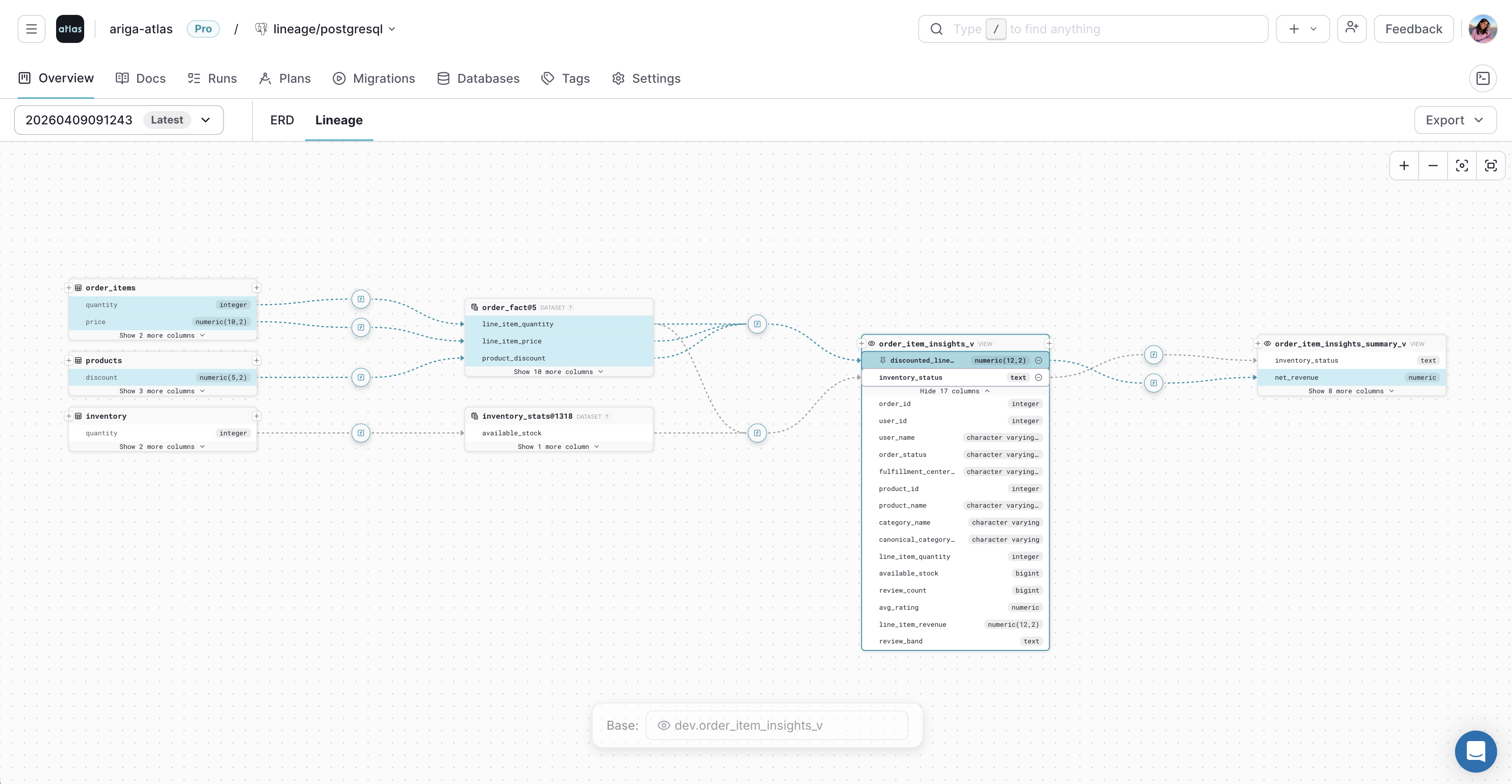 Pinning a selected column in the Atlas Cloud lineage graph
