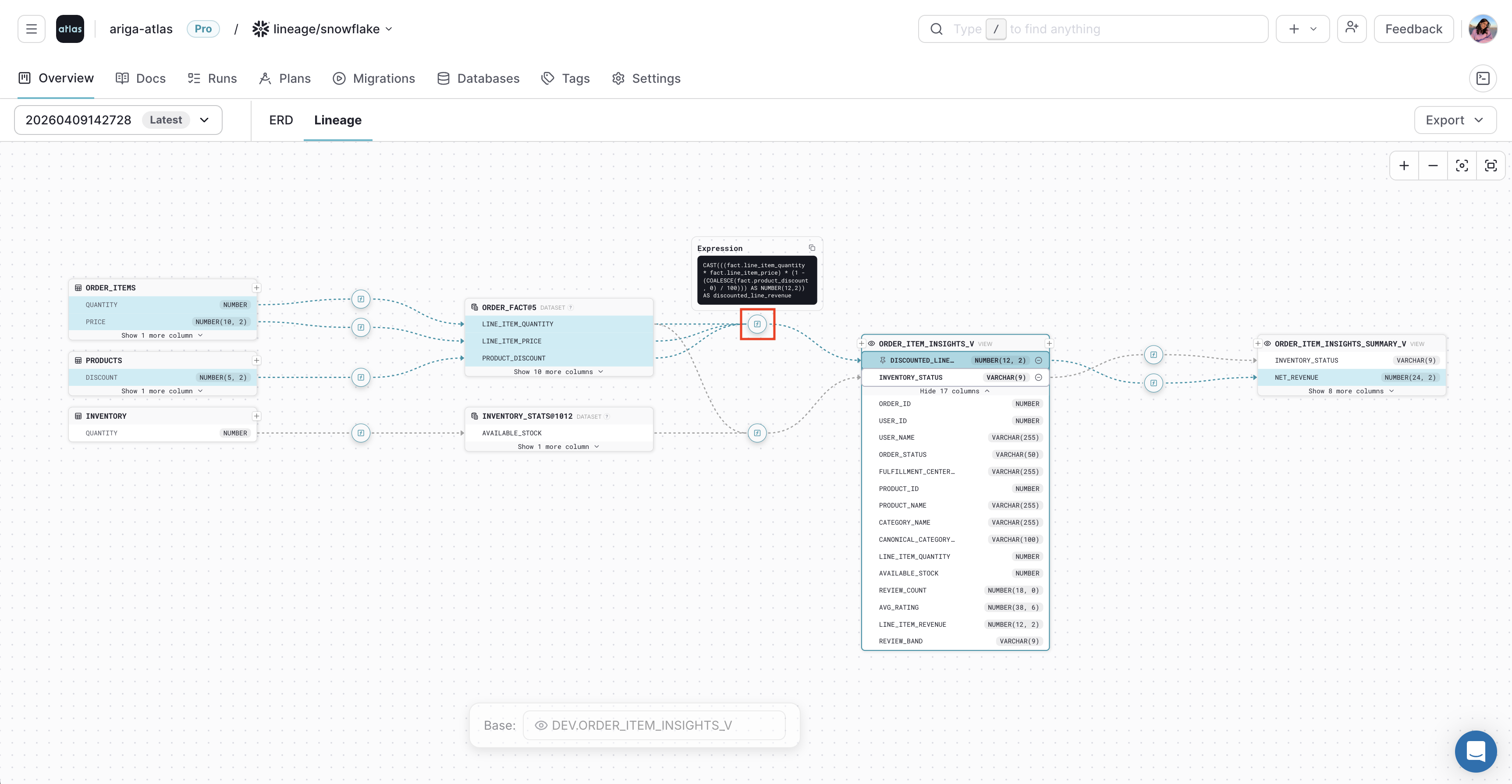 Previewing a transformation expression from the lineage path in Atlas Cloud