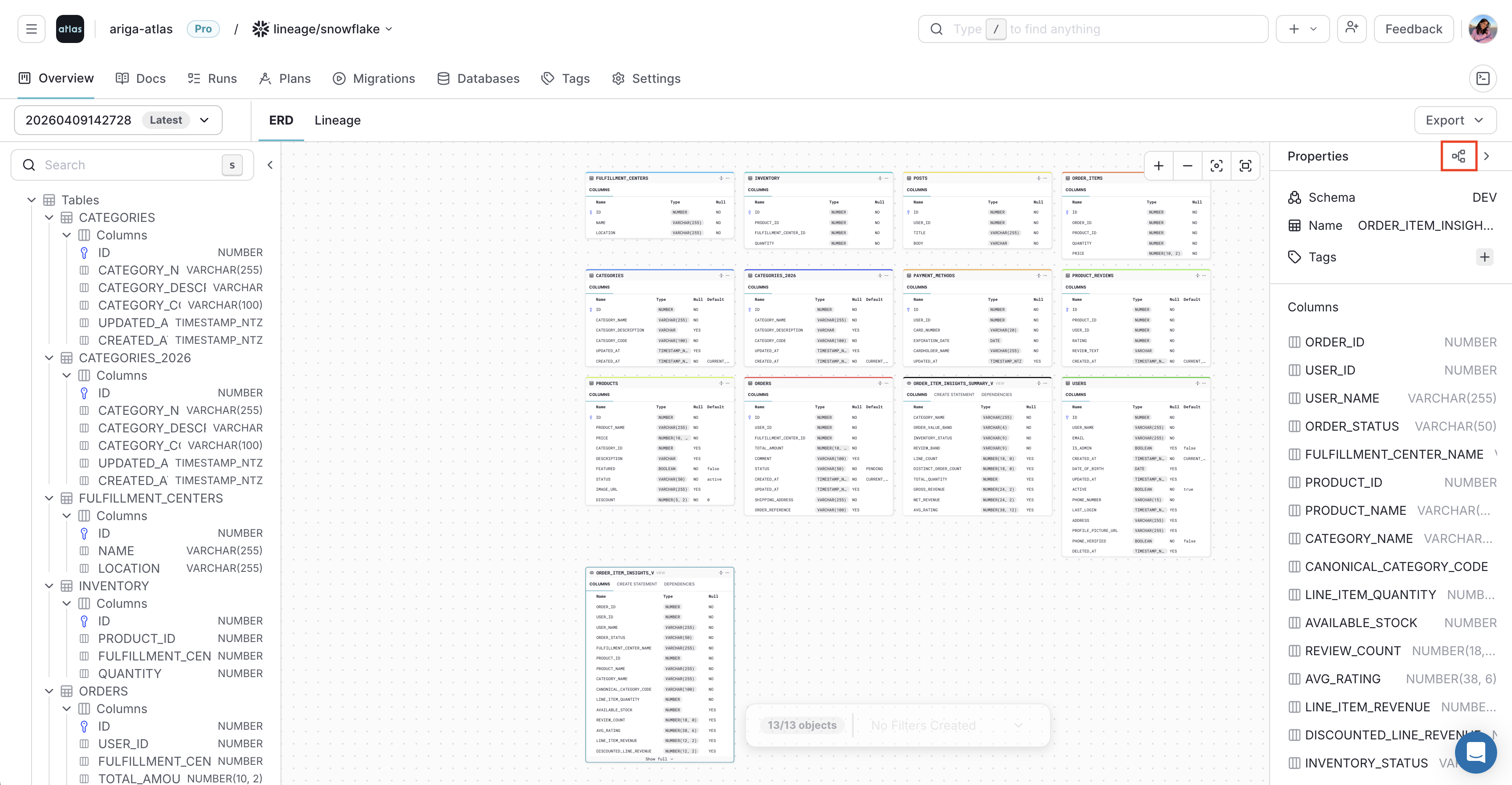 Opening the lineage graph from the ERD view in Atlas Cloud