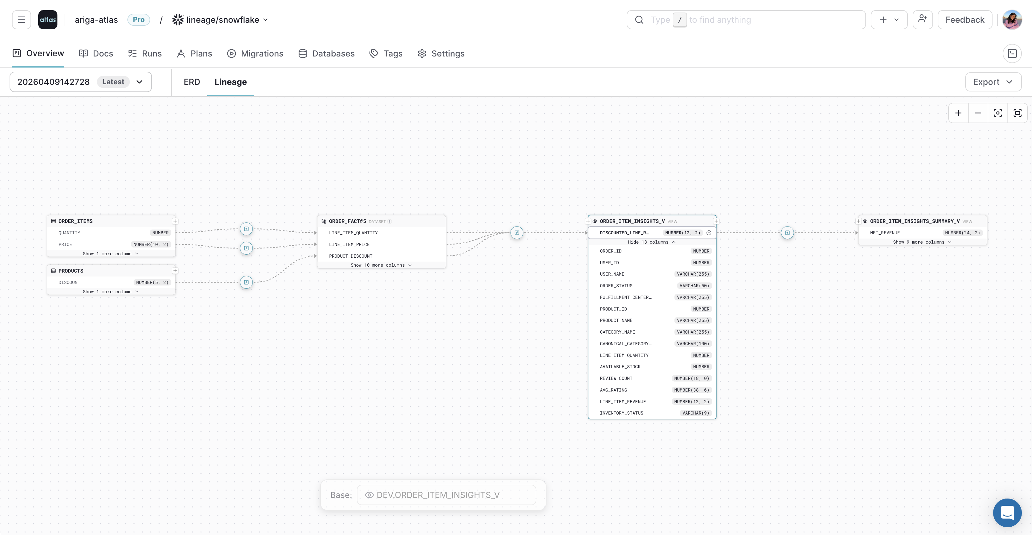 Selecting a column in the Atlas Cloud lineage graph