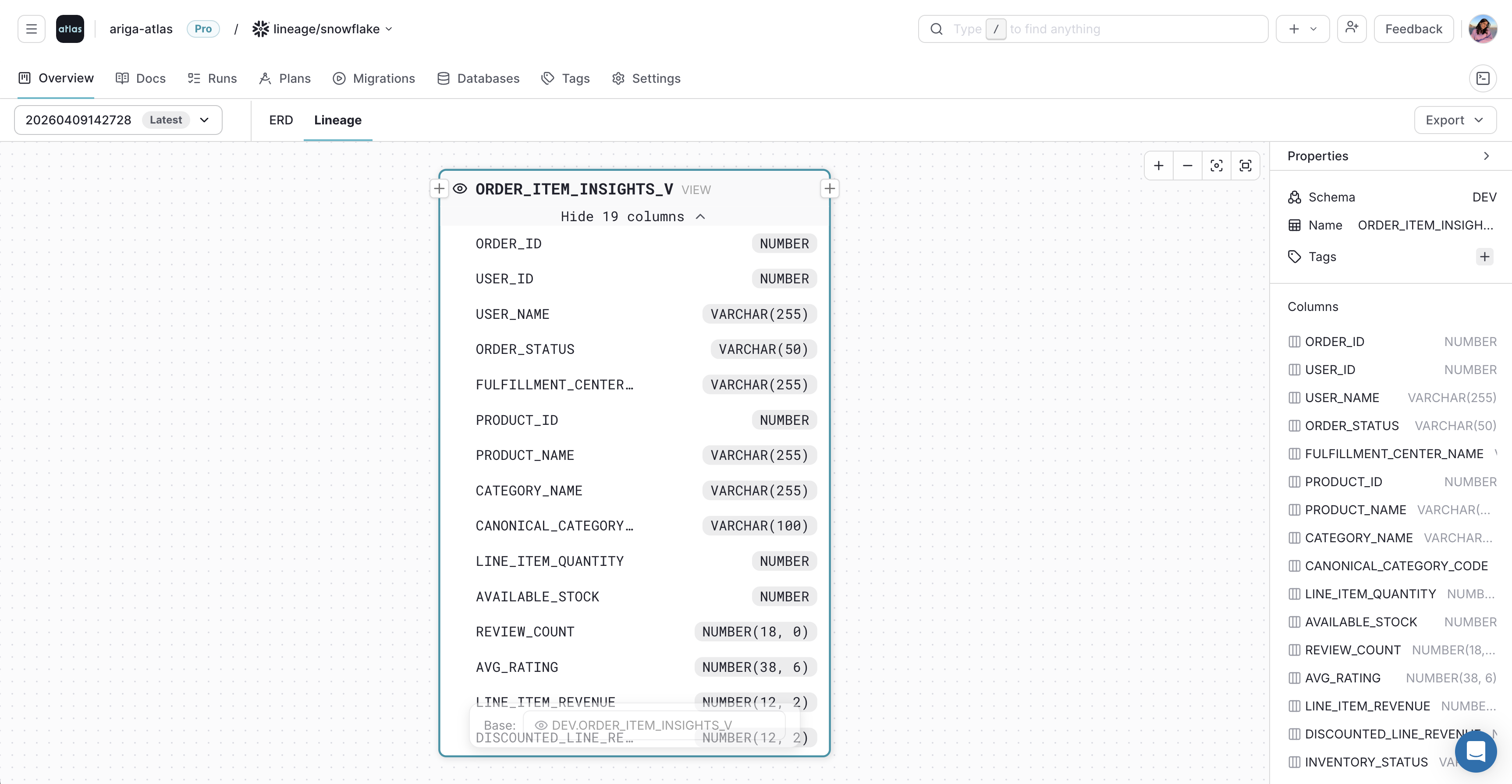 Selecting a table or view in the Atlas Cloud lineage graph